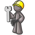 #36245 Clip Art Graphic of a Grey Guy Character Wearing a Tool Belt and Hardhat And Holding a Spanner by Jester Arts